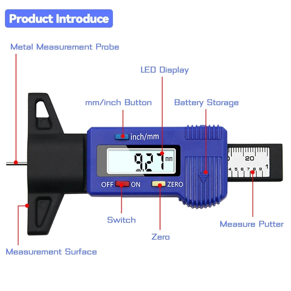 Digital Car Tyre Thickness Gauges Depth Meter for Safe Auto Tyre Tread Monitoring Tyre Wear Detection Measure Caliper Instrument