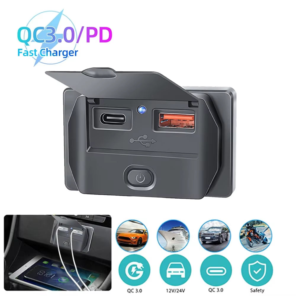 Car Charger Socket Adapter with Switch, 2-4-Ports Charging Splitter, Outlet for Bus, RV, Atv,Truck,Boat,Outlet,12V,24V, PD,QC3.0