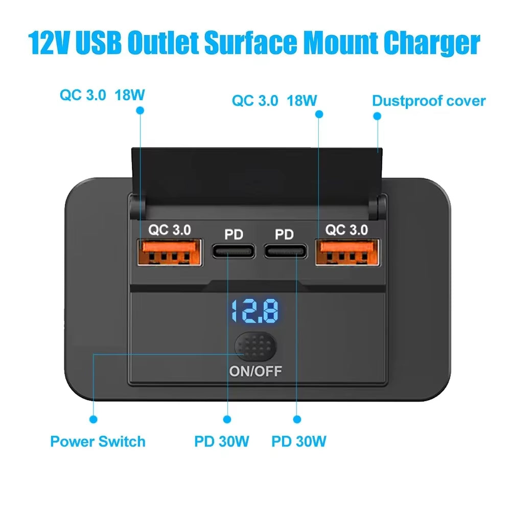 Car Charger Socket Adapter with Switch, 2-4-Ports Charging Splitter, Outlet for Bus, RV, Atv,Truck,Boat,Outlet,12V,24V, PD,QC3.0